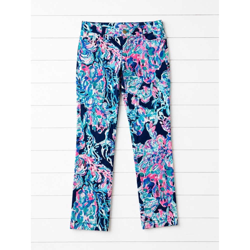 Lilly Pulitzer Kelly Ankle Pants Blue Pink Floral Sea Life Print Size 4 Cotton